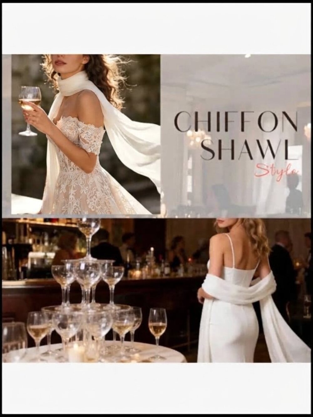 Chiffon Shawl Wrap Elegant White Sheer Scarf for Evening Dresses Wedding Bridal - Picture 3 of 4